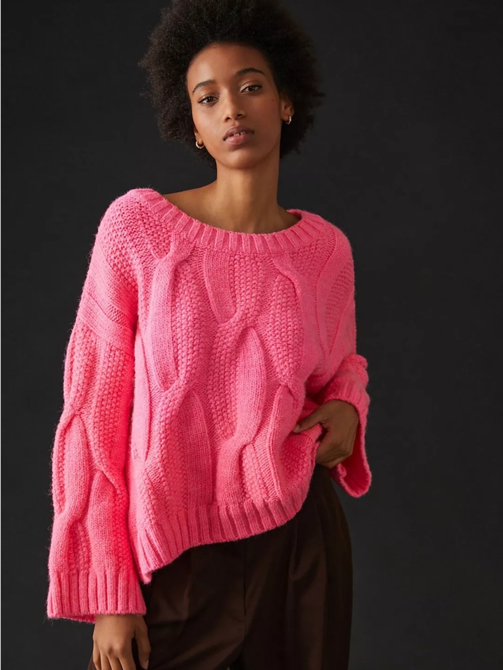 Maeve Wide Neck Oversized Cable Knit Crewneck Sweater in Pink